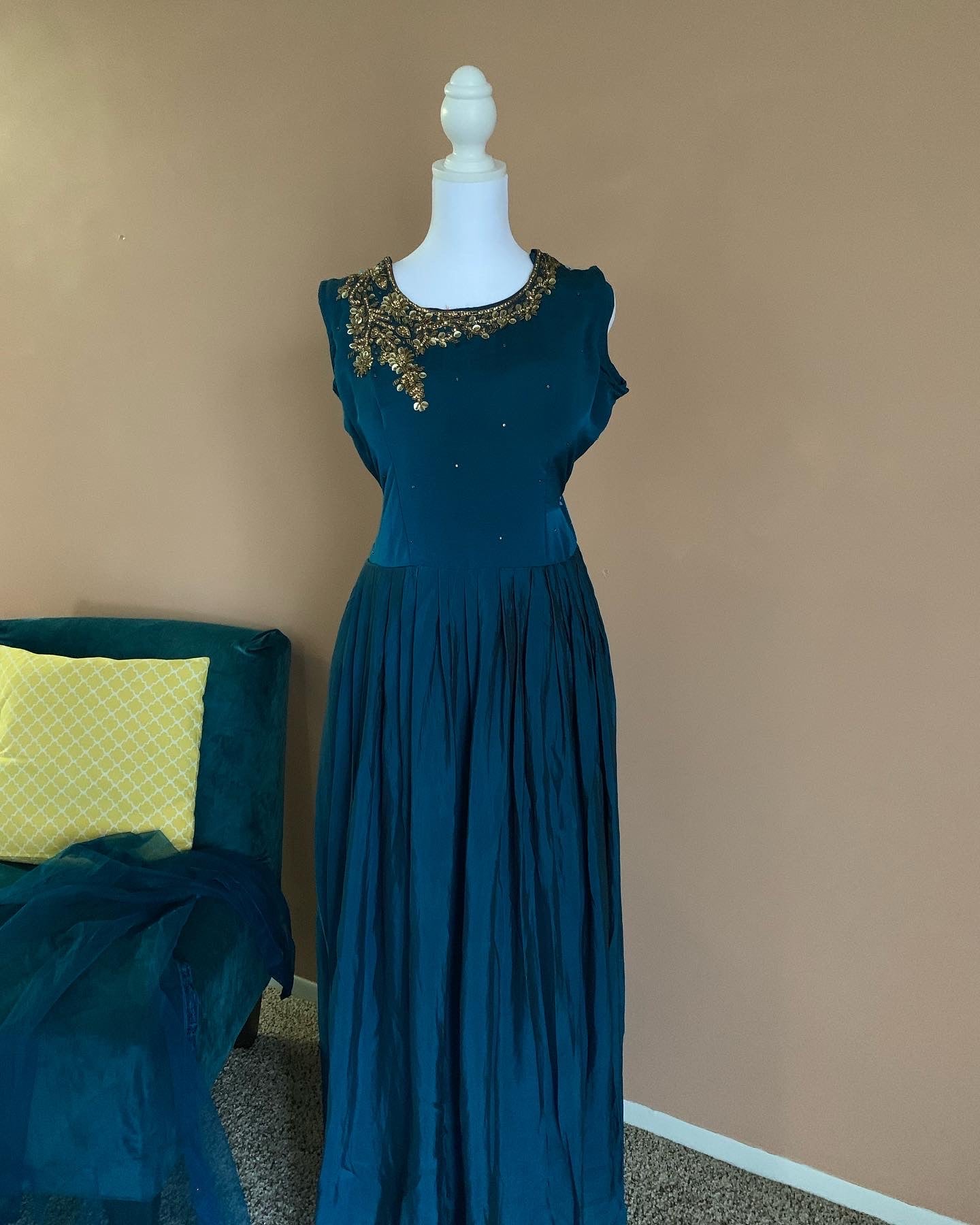 Peacock Green Satin Silk Full Length Gown