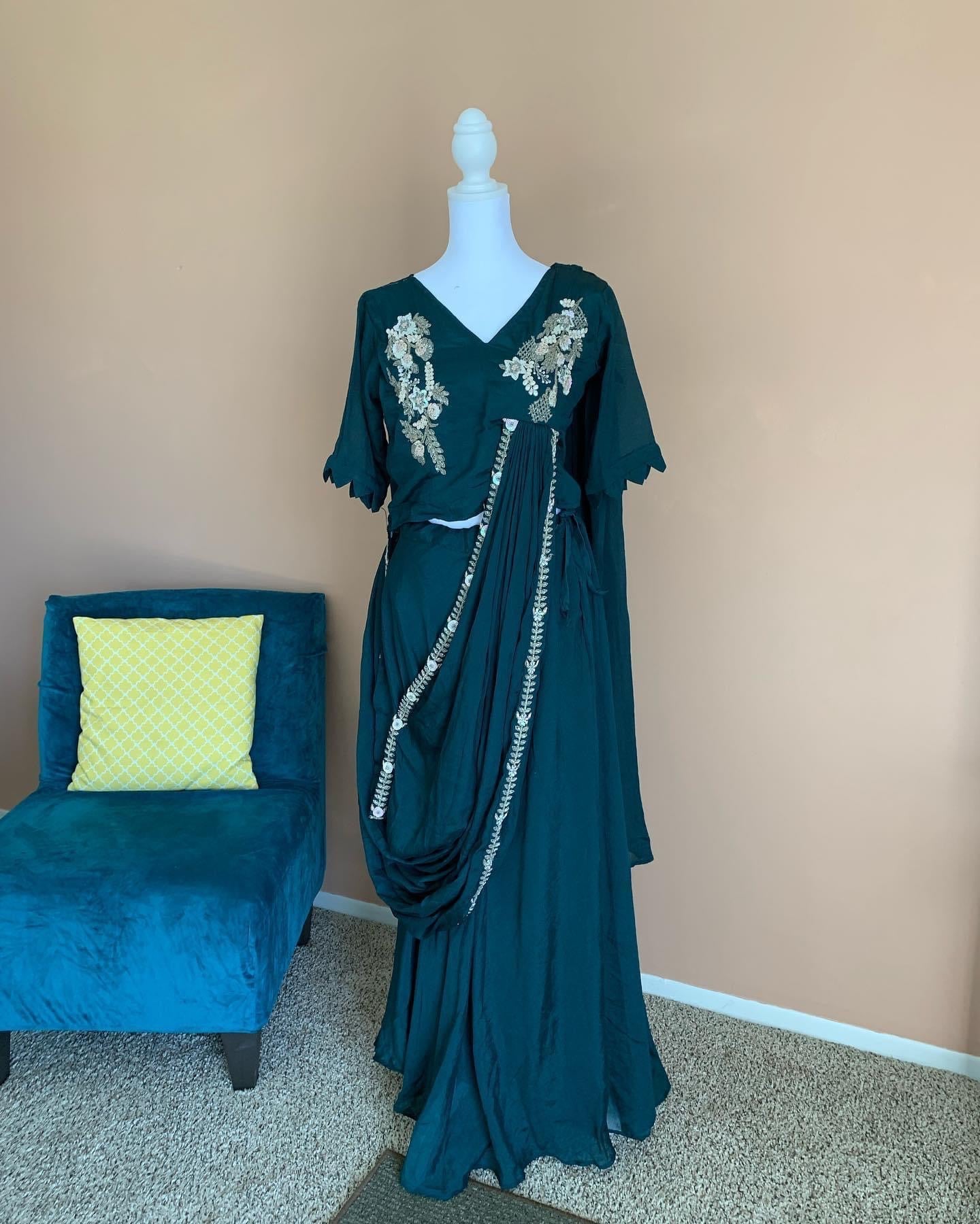 Draping Bottle Green Lehenga