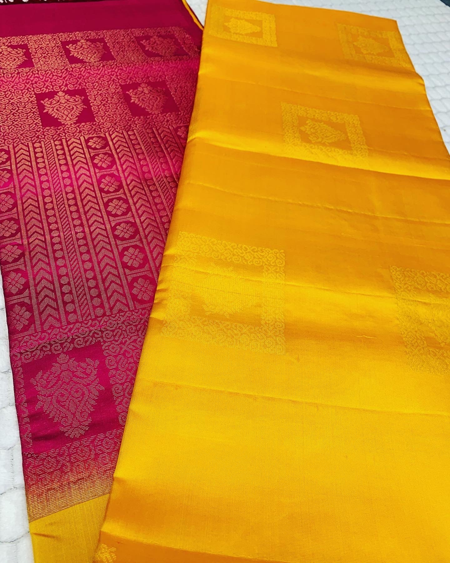 Yellow Pure Kanchipuram Soft Silk Saree