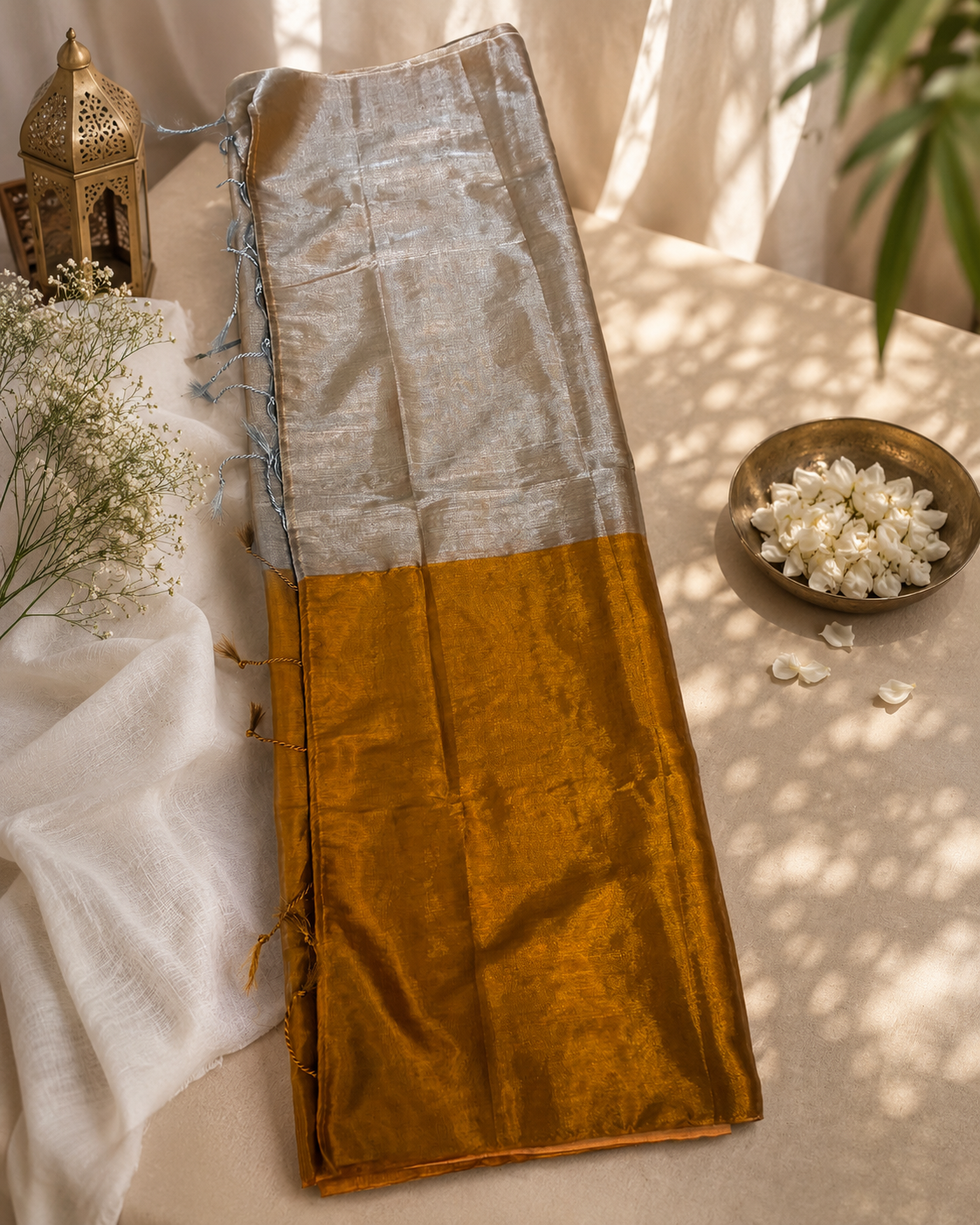 gold & silver mul tissue saree