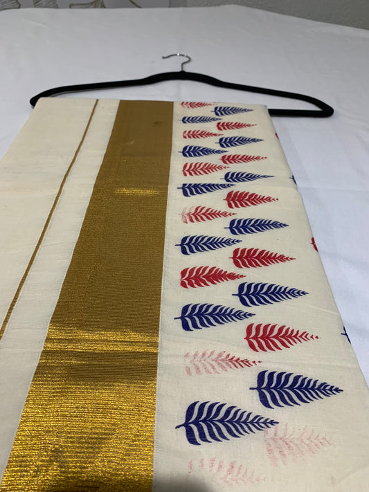 Golden printed kasavu saree
