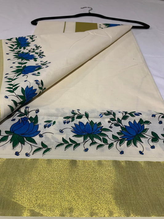 Golden kasavu saree with floral print