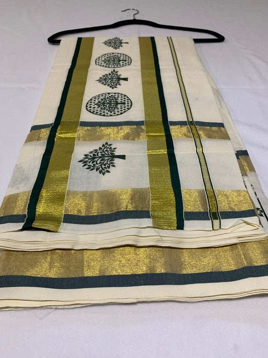 Gold and green double border saree