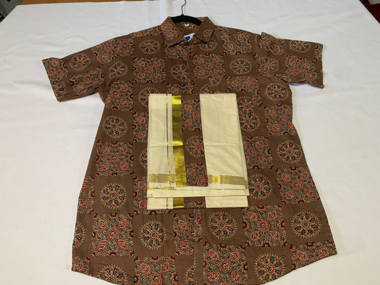 Half sleeve ajrak printed shirt /mundu combo