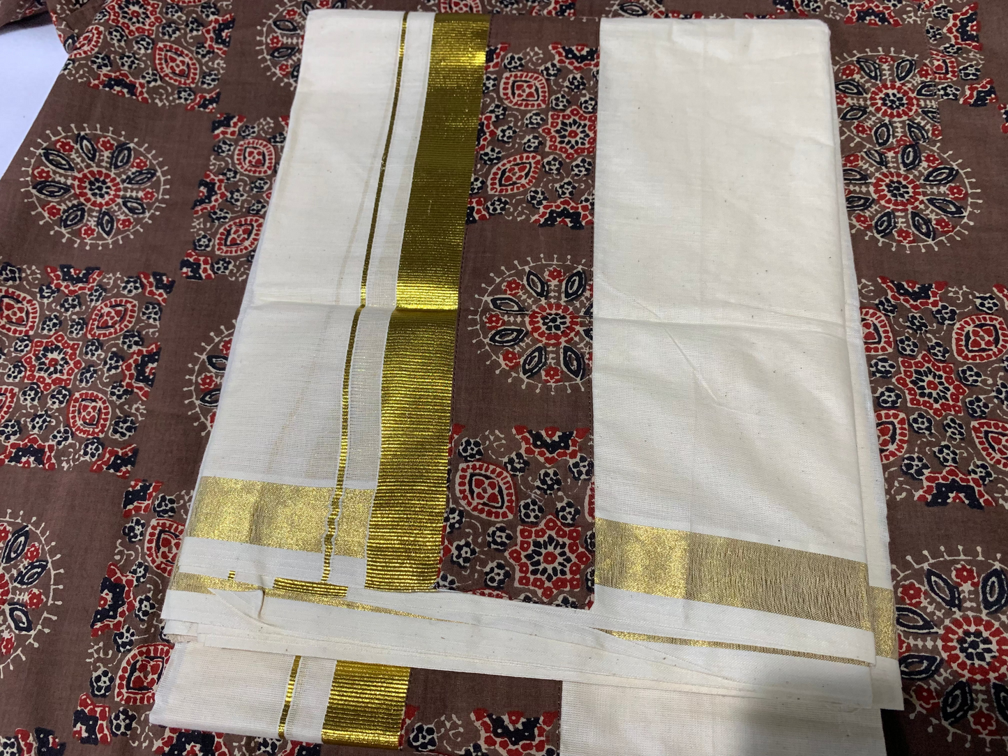 Half sleeve ajrak printed shirt /mundu combo