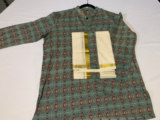 green printed kurta/ mundu combo
