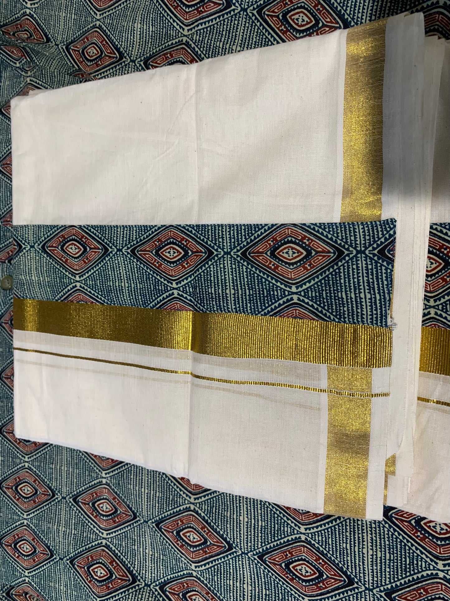 green printed kurta/ mundu combo