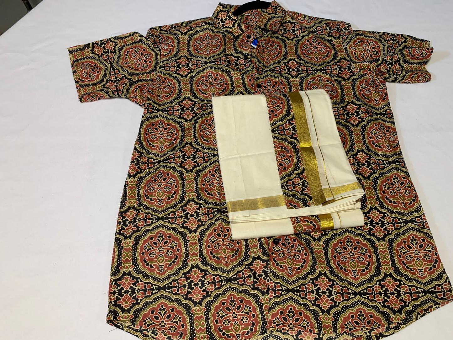 Half sleeve ajrak printed shirt /mundu combo