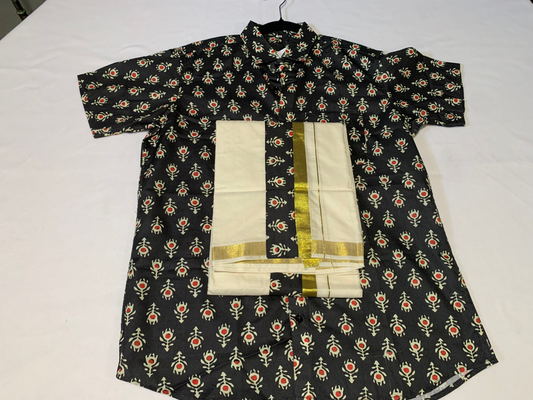 Half sleeve ajrak shirt/mundu combo