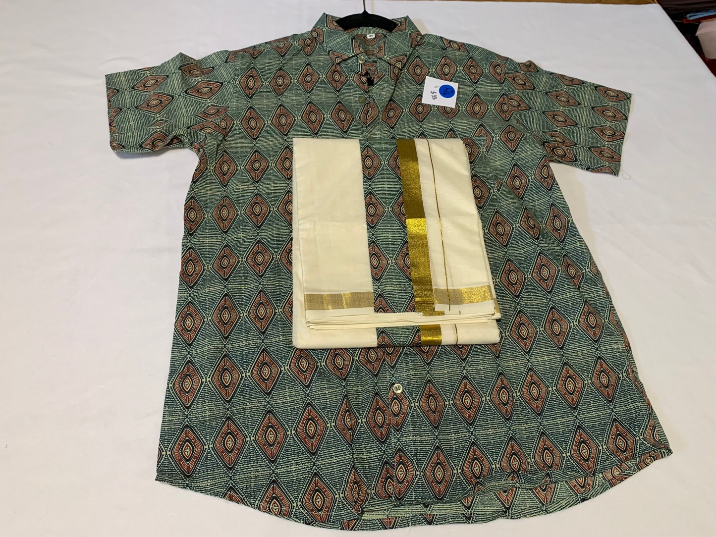 Ajrak half sleeve shirt/mundu combo