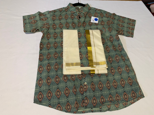 Ajrak half sleeve shirt/mundu combo