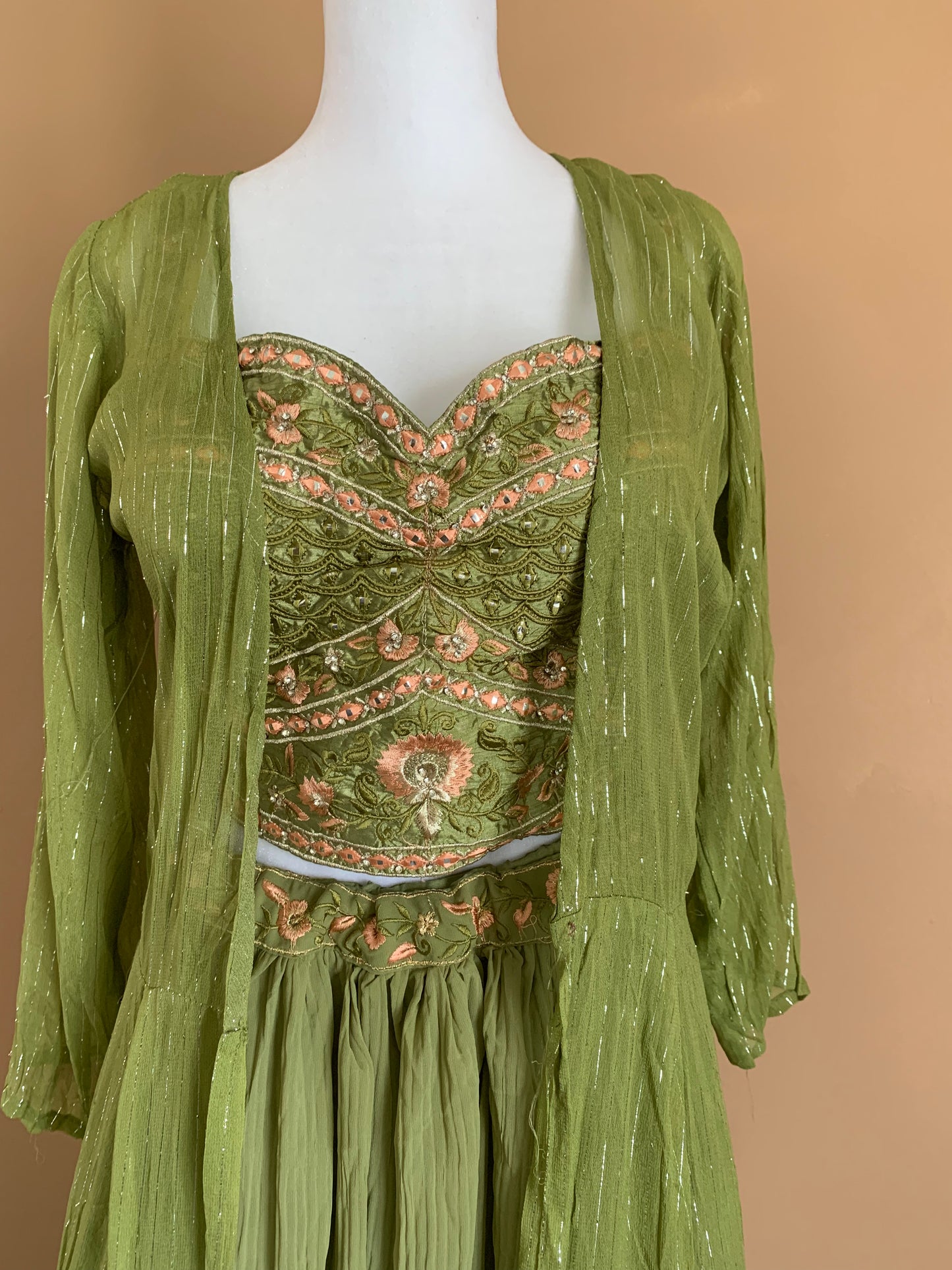 Pista Green Full Length Overcoat Lehenga