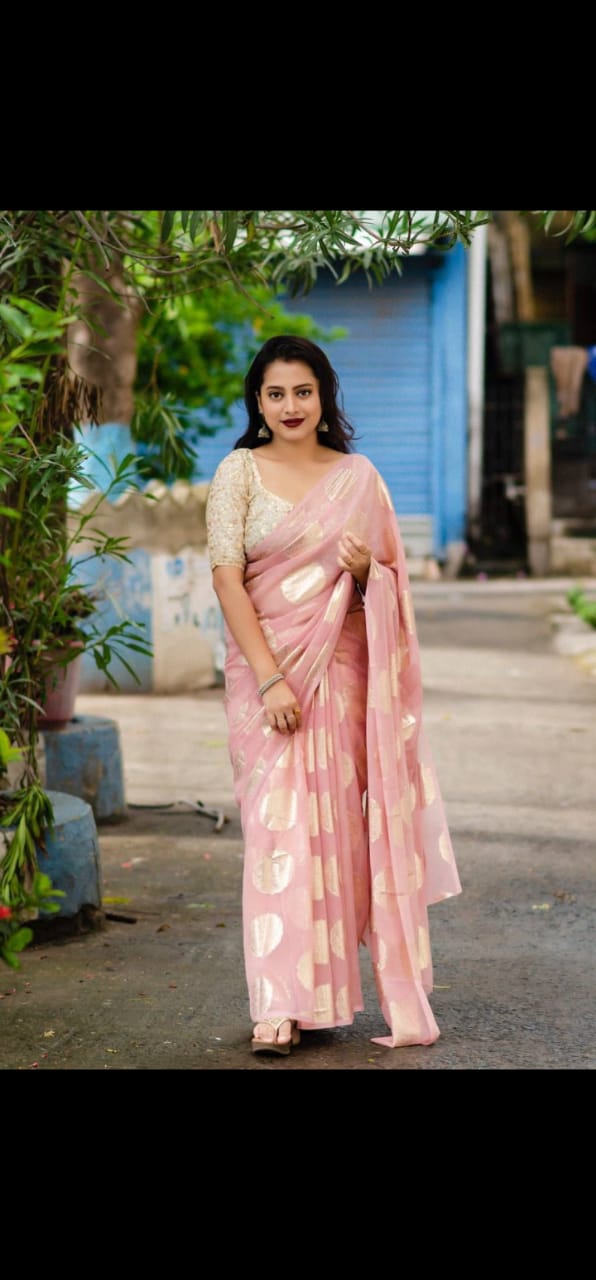 Peach brocade chiffon saree