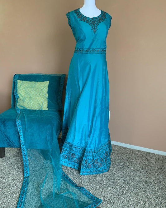 Peacock Blue Full Length Silk Gown