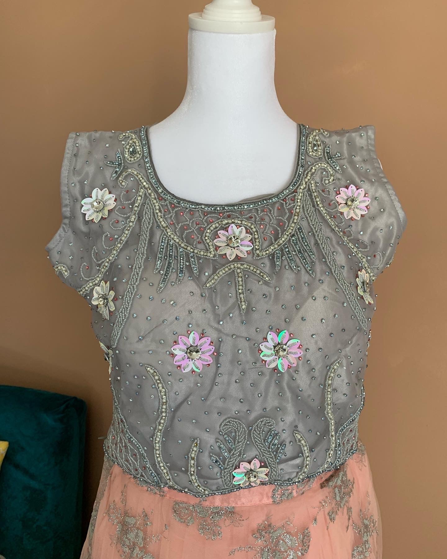 Peach and Grey Net Lehenga