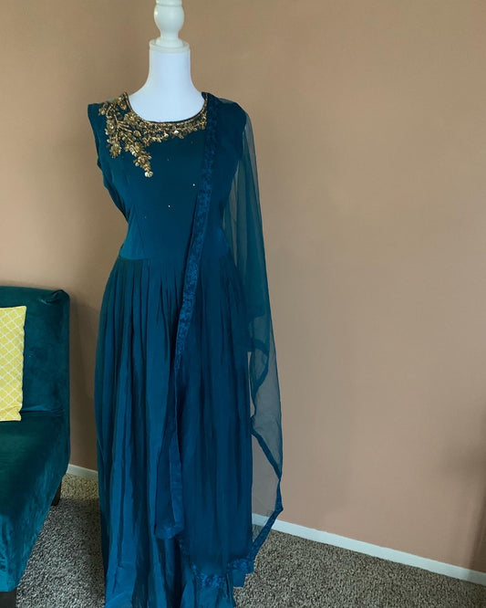 Peacock Green Satin Silk Full Length Gown