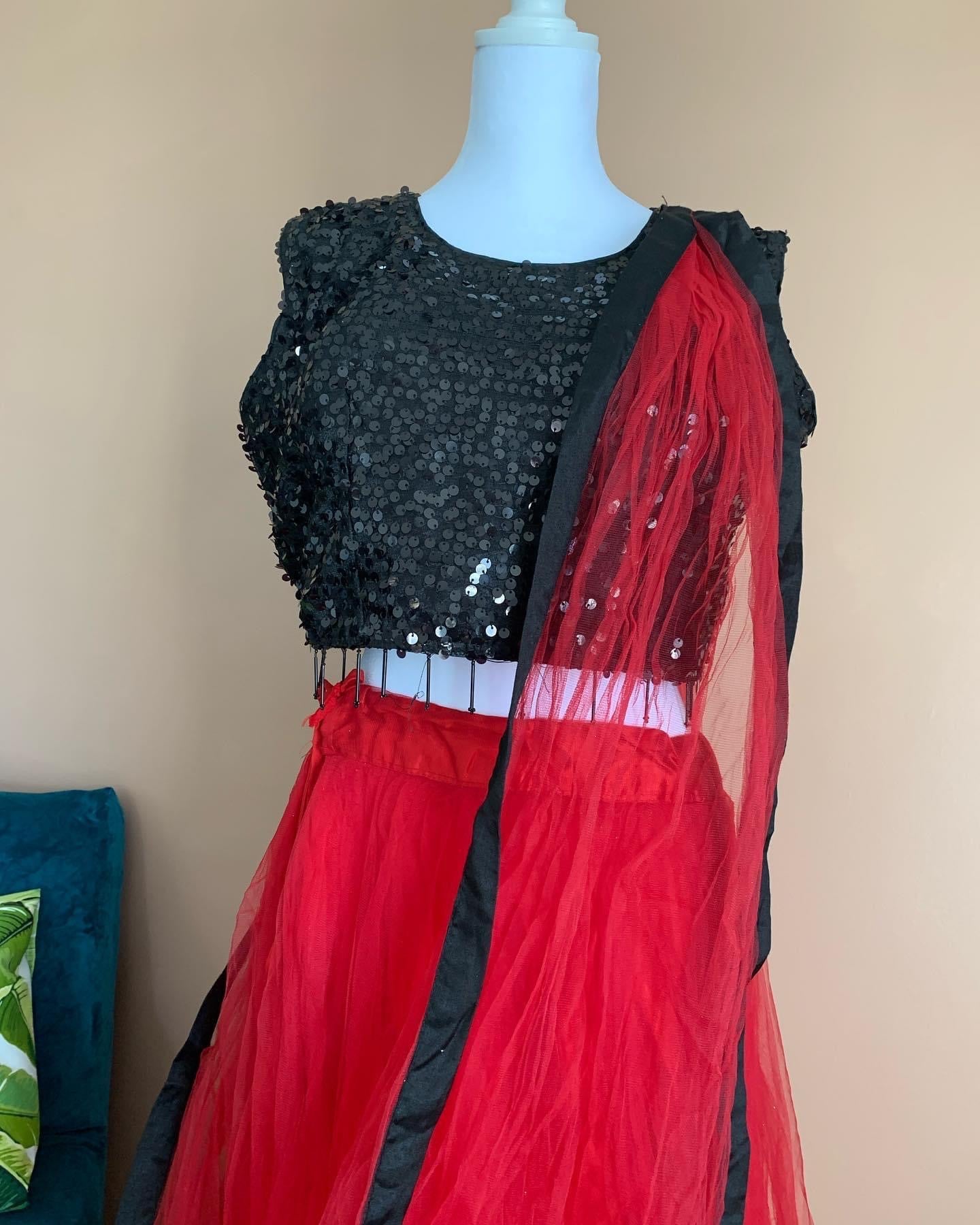 Black and Red Draping Lehenga