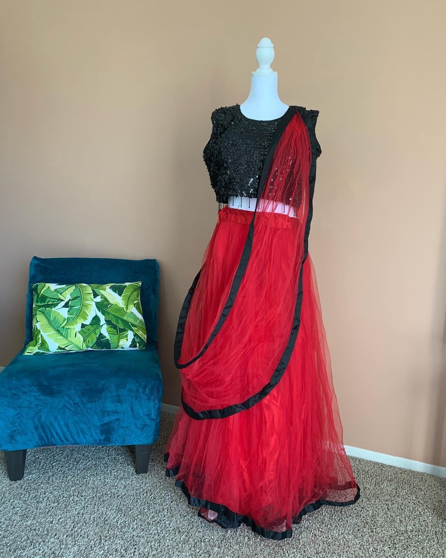 Black and Red Draping Lehenga